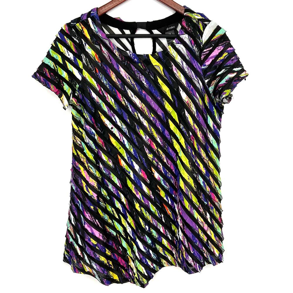 Ali Miles Womens Sz Medium Neon Colorful Blouse Shirt Top Wearable Art Abstract